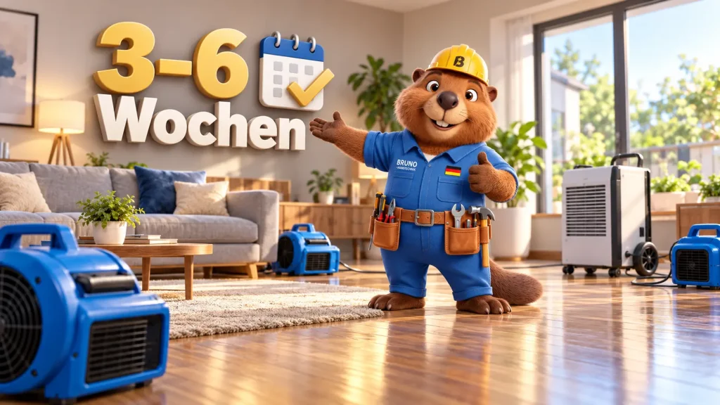 Bruno zeigt Bautrockner im Wohnzimmer und erklärt die mögliche Trocknungsdauer von drei bis sechs Wochen.