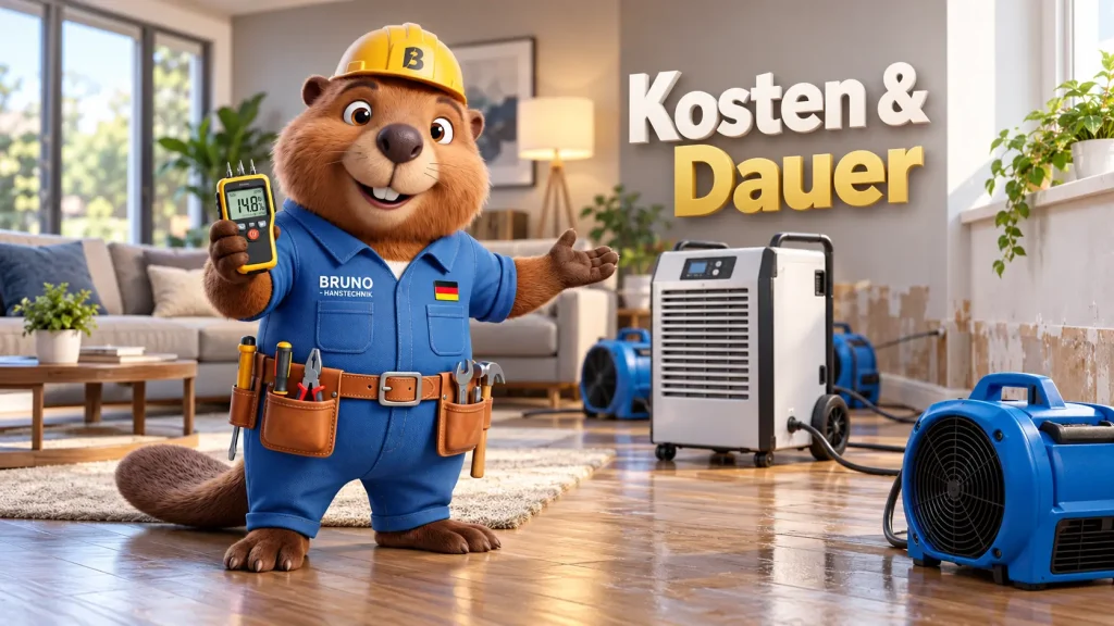 Bruno zeigt ein Feuchtigkeitsmessgerät und Bautrockner bei der Trocknung eines Wasserschadens im Wohnzimmer.