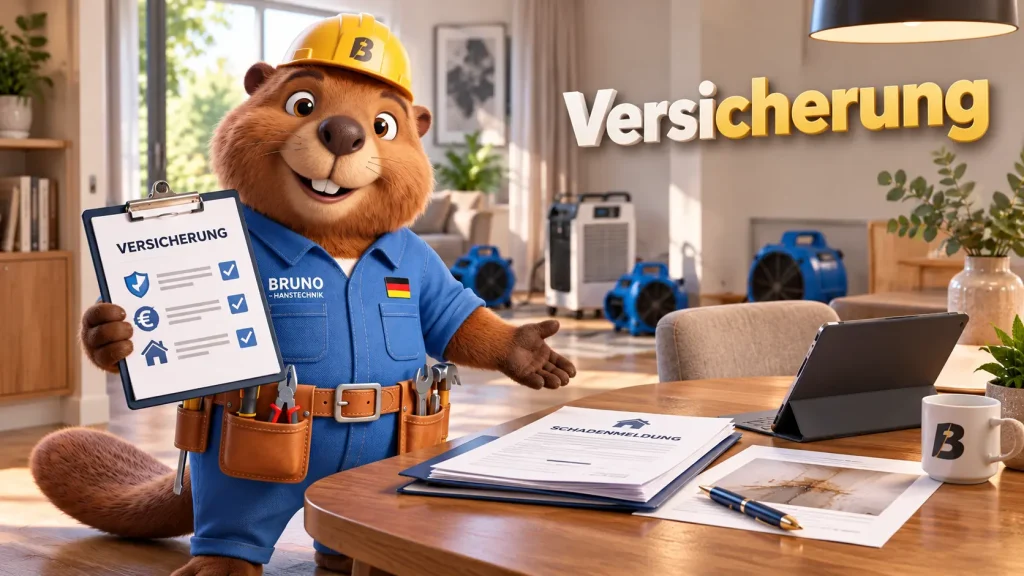 Bruno erklärt die Versicherung bei einem Wasserschaden und zeigt Unterlagen zur Schadensmeldung.